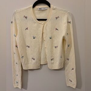 Crop cardigan with embroidered pink and blue flowers